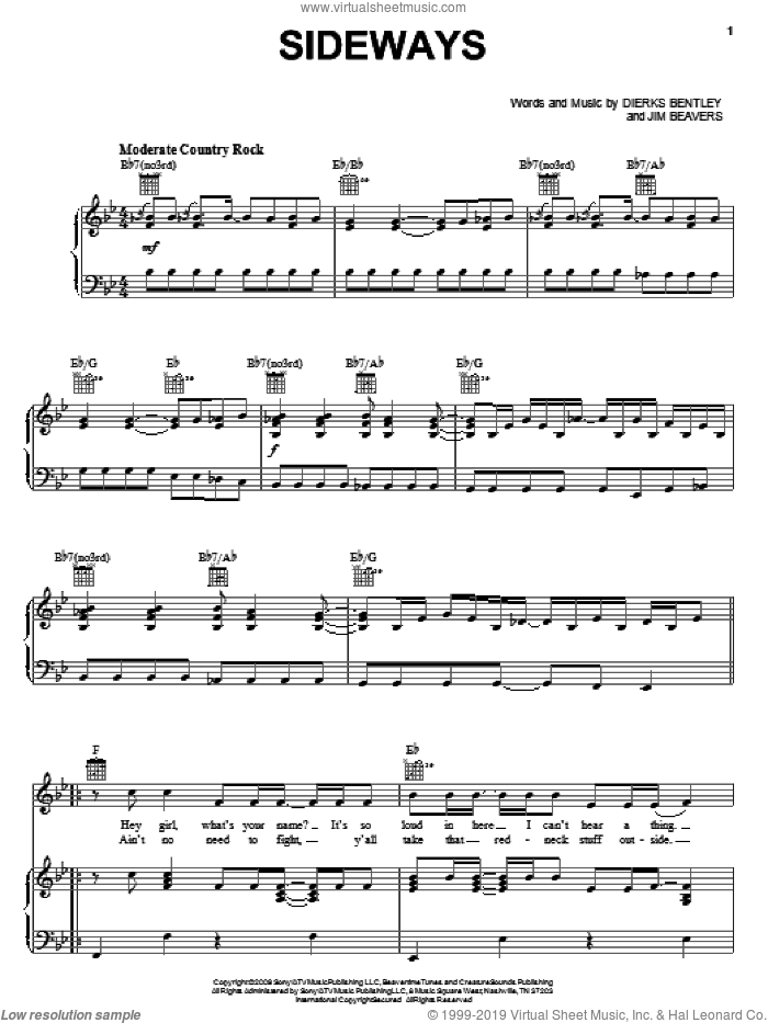 Sideways sheet music for voice, piano or guitar by Dierks Bentley and Jim Beavers, intermediate skill level