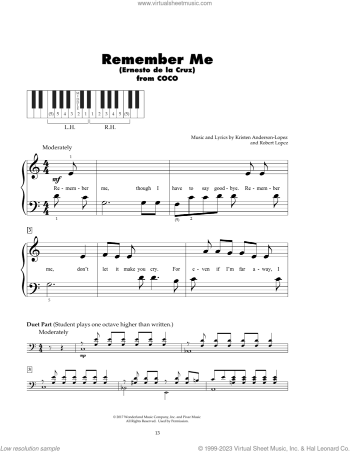 Remember Me (Ernesto de la Cruz) (from Coco) sheet music for piano solo (5-fingers) by Robert Lopez, Kristen Anderson-Lopez and Kristen Anderson-Lopez & Robert Lopez, beginner piano (5-fingers)
