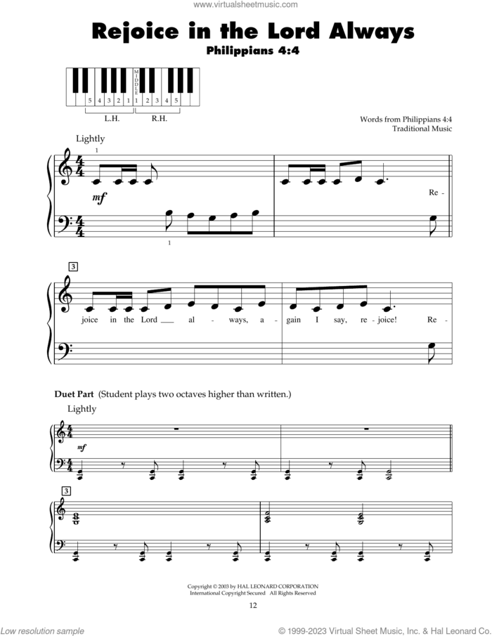 Rejoice In The Lord Always sheet music for piano solo (5-fingers)  and Philippians 4:4, beginner piano (5-fingers)