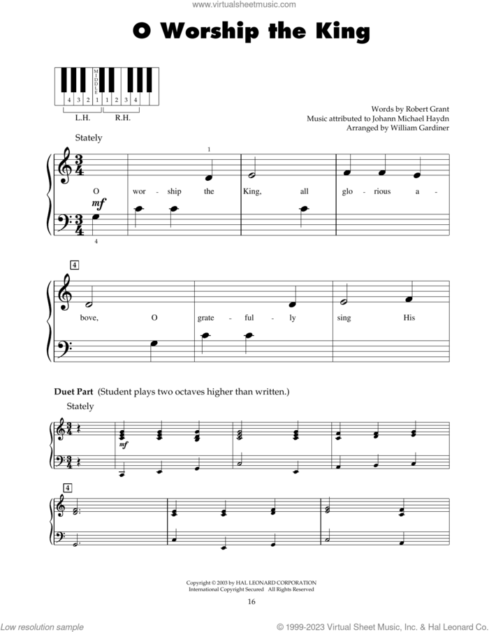 O Worship The King sheet music for piano solo (5-fingers) by Johann Michael Haydn, Robert Grant and William Gardiner, beginner piano (5-fingers)