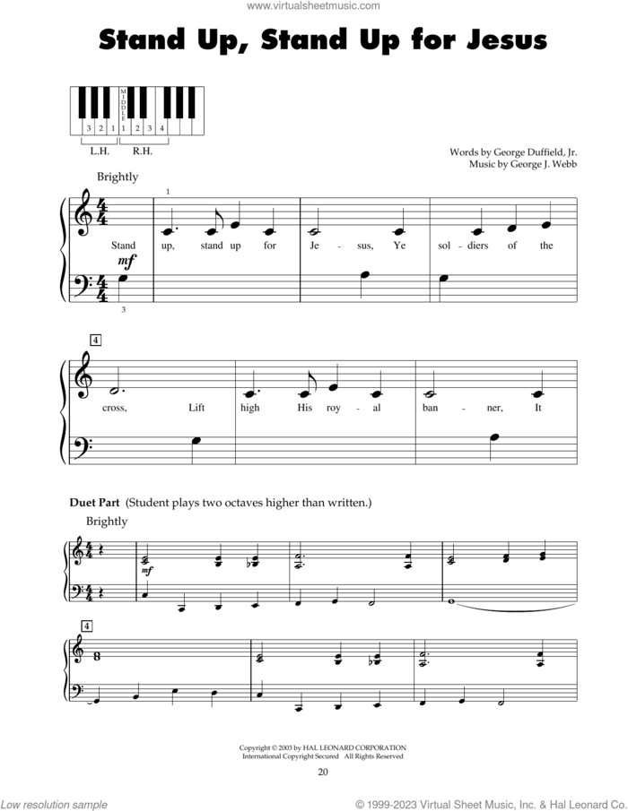 Stand Up, Stand Up For Jesus sheet music for piano solo (5-fingers) by George Webb and George Duffield, Jr., beginner piano (5-fingers)
