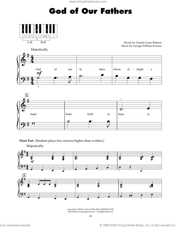 God Of Our Fathers sheet music for piano solo (5-fingers) by George William Warren and Daniel Crane Roberts, beginner piano (5-fingers)