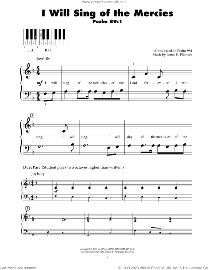 I Will Sing Of The Mercies sheet music for piano solo (5-fingers) by James H. Fillmore and Psalm 89:1, beginner piano (5-fingers)