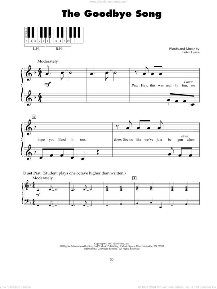 The Goodbye Song (from Bear In The Big Blue House) sheet music for piano solo (5-fingers) by Peter Lurye, beginner piano (5-fingers)