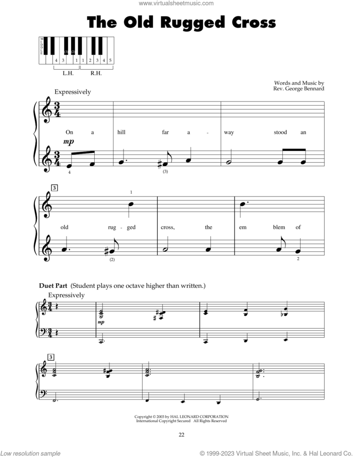 The Old Rugged Cross sheet music for piano solo (5-fingers) by Rev. George Bennard, beginner piano (5-fingers)