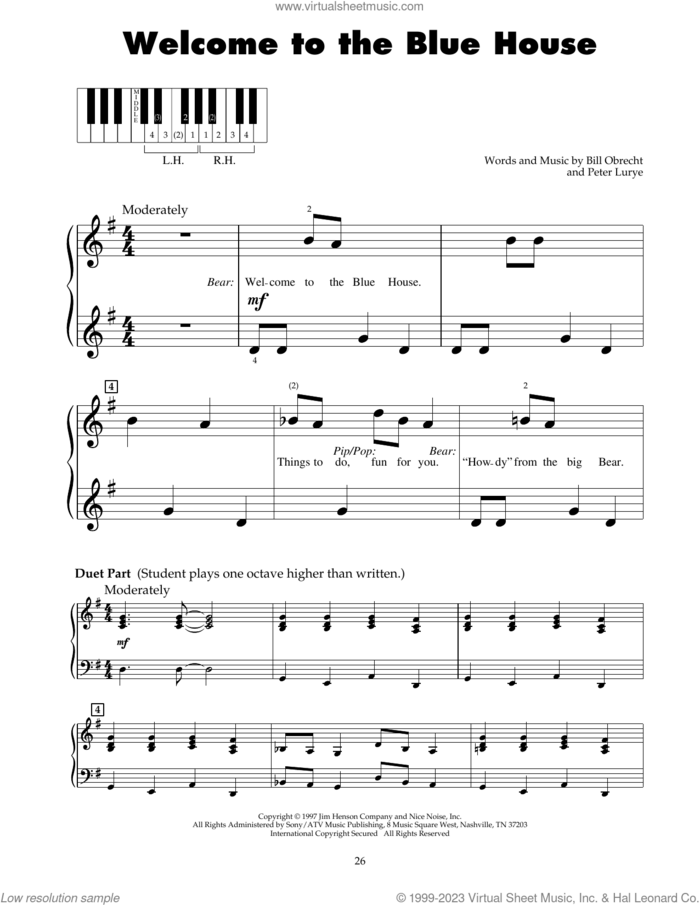 Welcome To The Blue House (from Bear In The Big Blue House) sheet music for piano solo (5-fingers) by Peter Lurye and Bill Obrecht, beginner piano (5-fingers)
