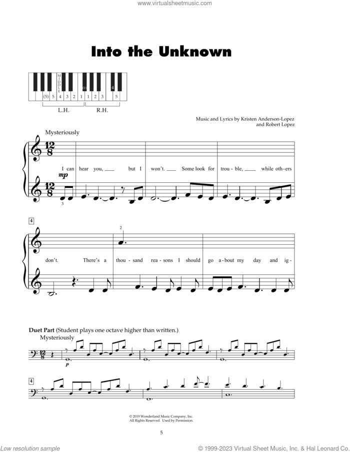 Into The Unknown (from Frozen 2) sheet music for piano solo (5-fingers) by Robert Lopez, Kristen Anderson-Lopez and Kristen Anderson-Lopez & Robert Lopez, beginner piano (5-fingers)