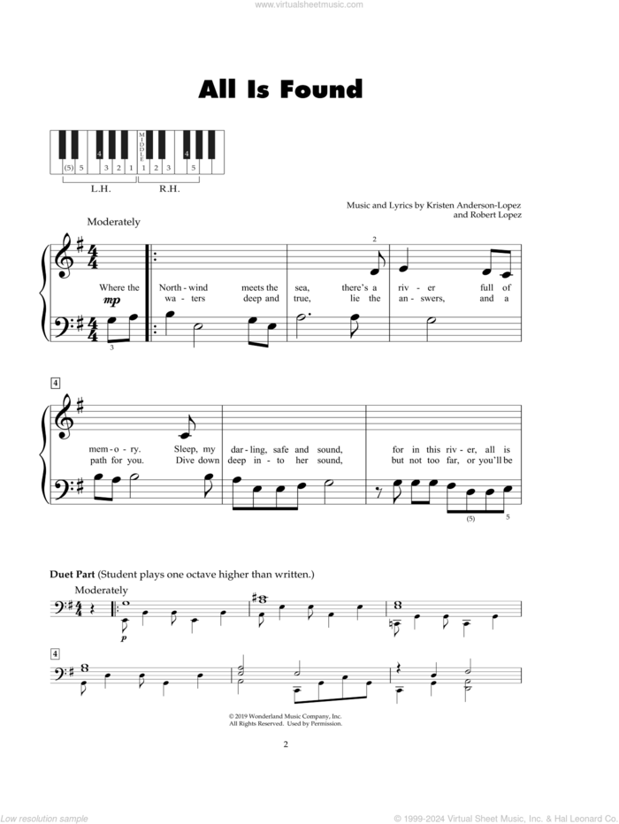 All Is Found (from Frozen 2) sheet music for piano solo (5-fingers) by Robert Lopez, Kristen Anderson-Lopez and Kristen Anderson-Lopez & Robert Lopez, beginner piano (5-fingers)