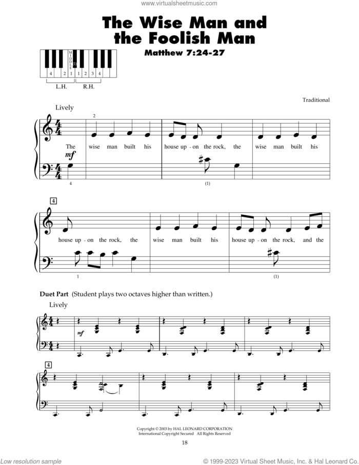 The Wise Man And The Foolish Man sheet music for piano solo (5-fingers), beginner piano (5-fingers)