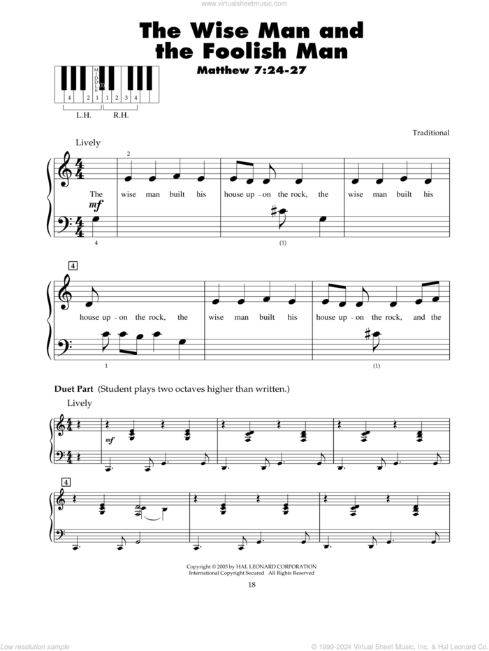 The Wise Man And The Foolish Man sheet music for piano solo (5-fingers), beginner piano (5-fingers)