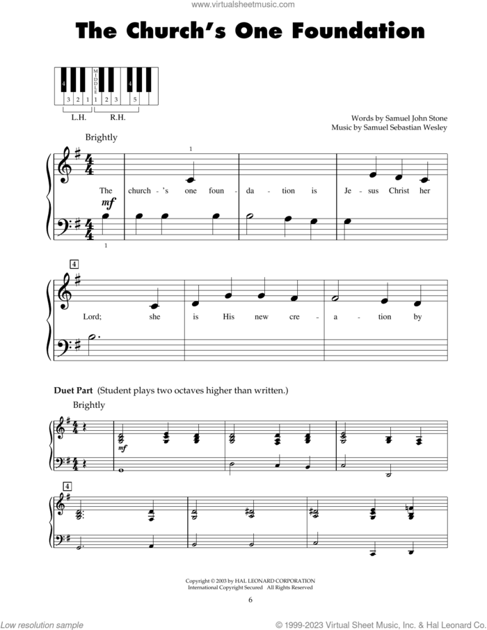 The Church's One Foundation sheet music for piano solo (5-fingers) by Samuel Sebastian Wesley and Samuel John Stone, beginner piano (5-fingers)
