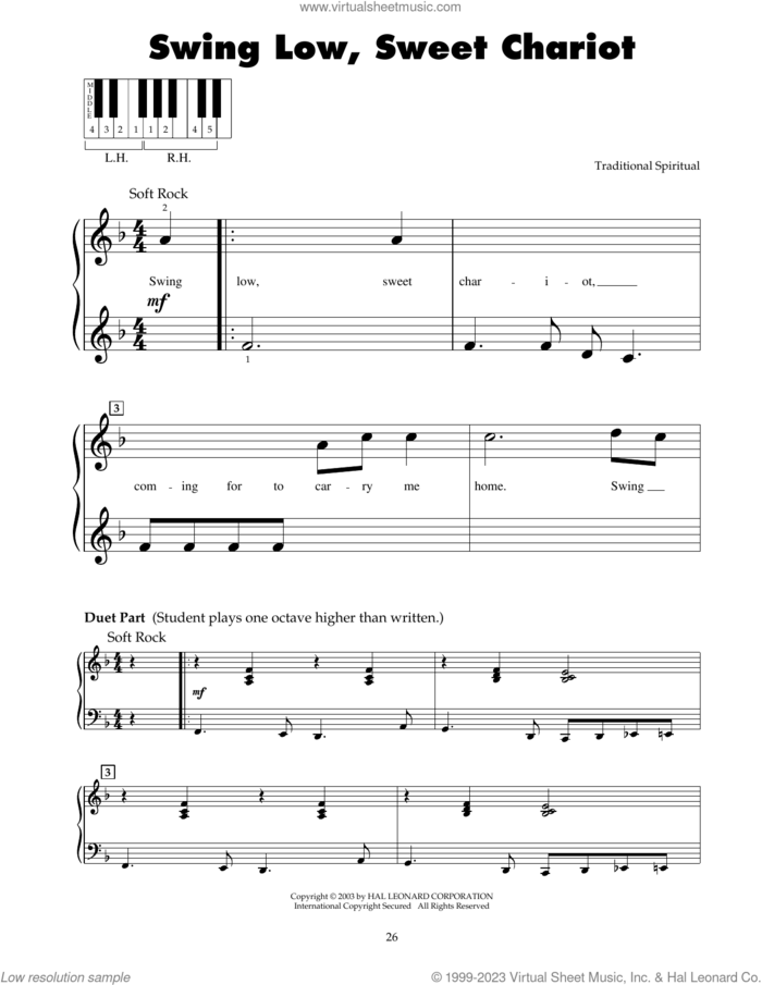 Swing Low, Sweet Chariot sheet music for piano solo (5-fingers), beginner piano (5-fingers)