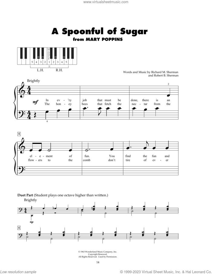 A Spoonful Of Sugar (from Mary Poppins) sheet music for piano solo (5-fingers) by Richard M. Sherman, Robert B. Sherman and Sherman Brothers, beginner piano (5-fingers)