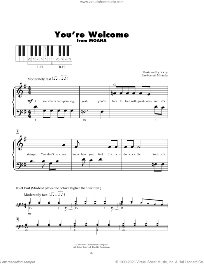 You're Welcome (from Moana) sheet music for piano solo (5-fingers) by Lin-Manuel Miranda, beginner piano (5-fingers)
