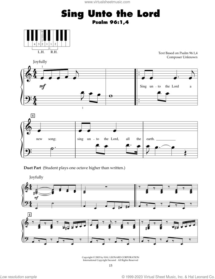 Sing Unto The Lord sheet music for piano solo (5-fingers) , Anonymous and Psalm 96:1,4, beginner piano (5-fingers)