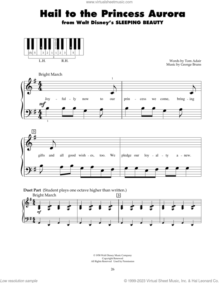 Hail To The Princess Aurora (from Sleeping Beauty) sheet music for piano solo (5-fingers) by George Bruns and Tom Adair, beginner piano (5-fingers)