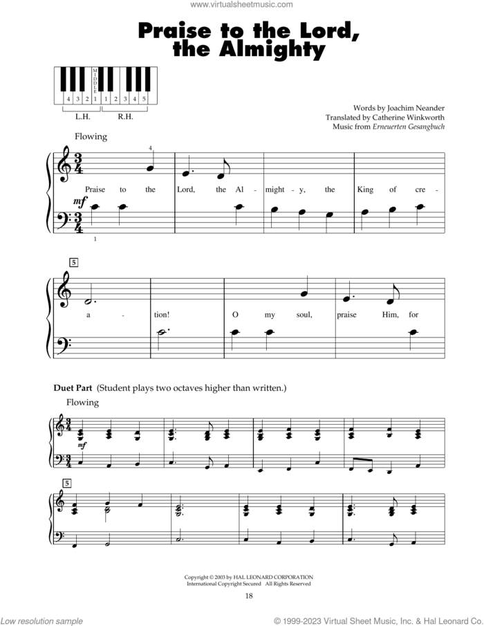 Praise To The Lord, The Almighty sheet music for piano solo (5-fingers) by Catherine Winkworth, Erneuerten Gesangbuch and Joachim Neander, beginner piano (5-fingers)