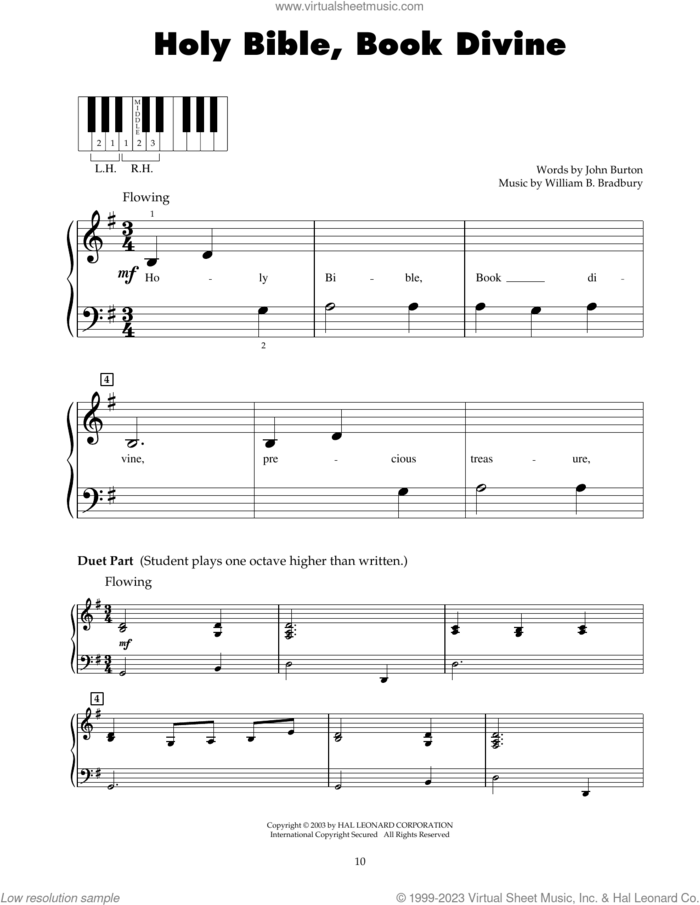 Holy Bible, Book Divine sheet music for piano solo (5-fingers) by William B. Bradbury and John Burton, beginner piano (5-fingers)