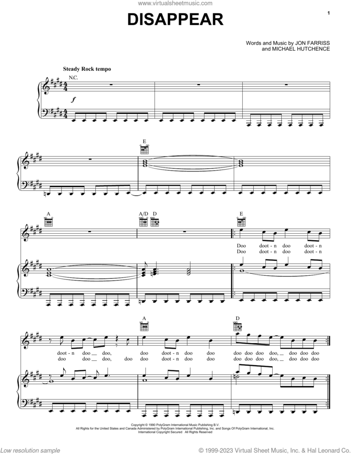 Disappear sheet music for voice, piano or guitar by INXS, Jon Farriss and Michael Hutchence, intermediate skill level