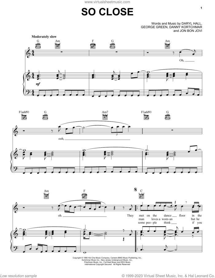 So Close sheet music for voice, piano or guitar by Bon Jovi, Hall and Oates, Danny Kortchmar, Daryl Hall and George Green, intermediate skill level