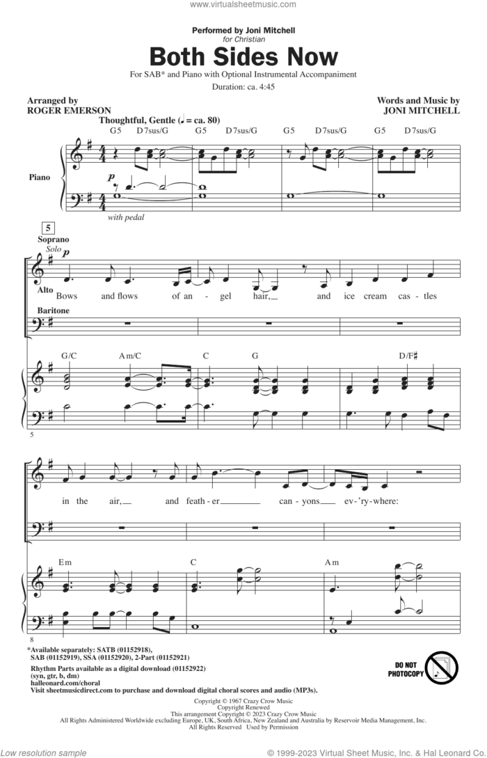 Both Sides Now (arr. Roger Emerson) sheet music for choir (SAB: soprano, alto, bass) by Joni Mitchell and Roger Emerson, intermediate skill level
