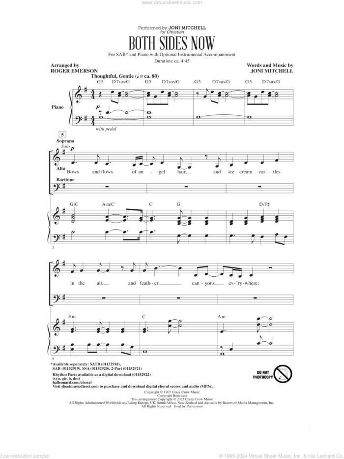 Both Sides Now (arr. Roger Emerson) sheet music for choir (SAB: soprano, alto, bass) by Joni Mitchell and Roger Emerson, intermediate skill level