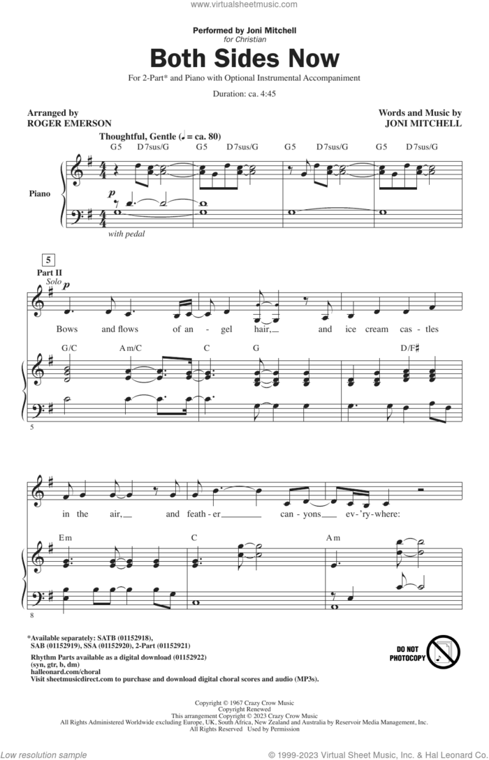 Both Sides Now (arr. Roger Emerson) sheet music for choir (2-Part) by Joni Mitchell and Roger Emerson, intermediate duet
