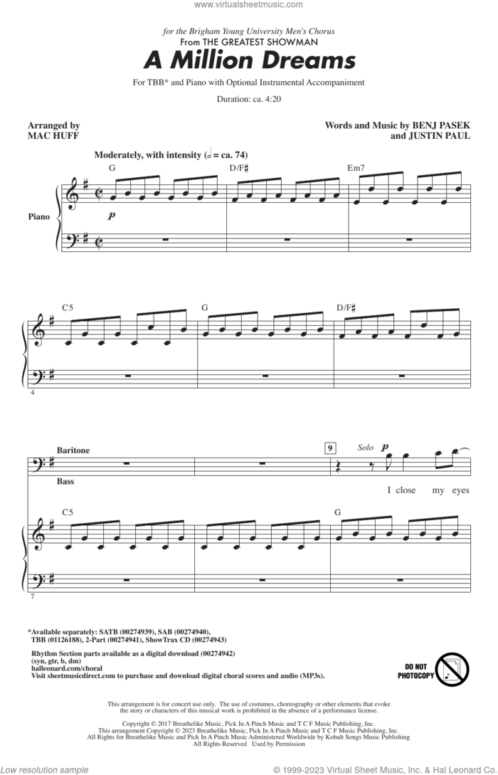 A Million Dreams (from The Greatest Showman) (arr. Mac Huff) sheet music for choir (TBB: tenor, bass) by Pasek & Paul, Mac Huff, Miscellaneous, Benj Pasek and Justin Paul, intermediate skill level