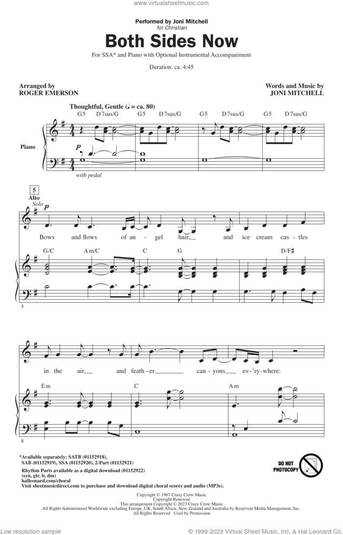 Both Sides Now (arr. Roger Emerson) sheet music for choir (SSA: soprano, alto) by Joni Mitchell and Roger Emerson, intermediate skill level