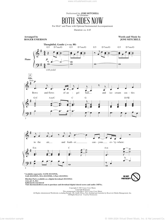 Both Sides Now (arr. Roger Emerson) sheet music for choir (SSA: soprano, alto) by Joni Mitchell and Roger Emerson, intermediate skill level