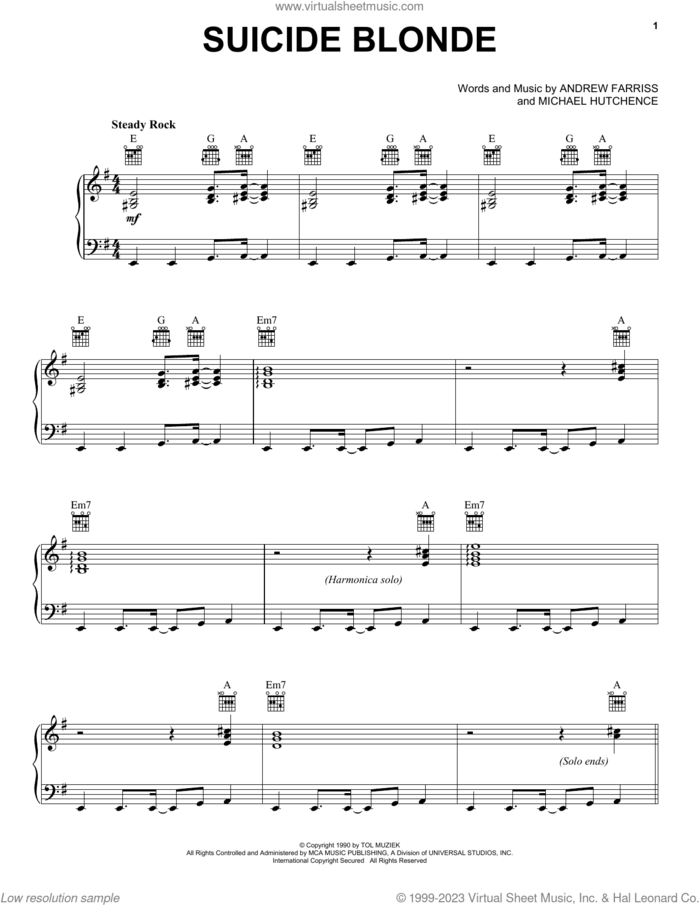Suicide Blonde sheet music for voice, piano or guitar by INXS, Andrew Farriss and Michael Hutchence, intermediate skill level