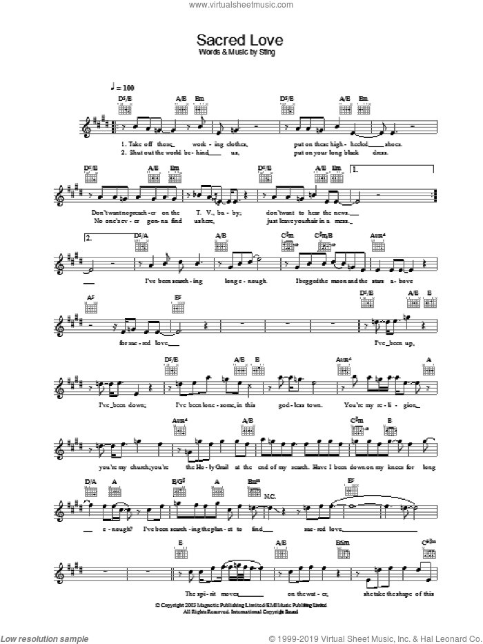 Sacred Love sheet music for voice and other instruments (fake book) by Sting, intermediate skill level