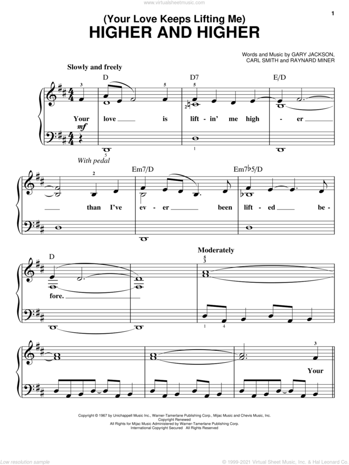 (Your Love Keeps Lifting Me) Higher And Higher sheet music for piano solo by Jackie Wilson, Rita Coolidge, Carl Smith, Gary Jackson and Raynard Miner, easy skill level