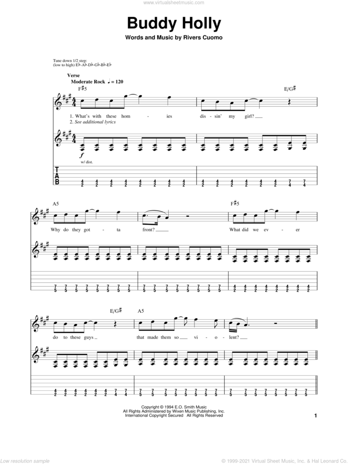 Buddy Holly sheet music for guitar (tablature, play-along) by Weezer and Rivers Cuomo, intermediate skill level