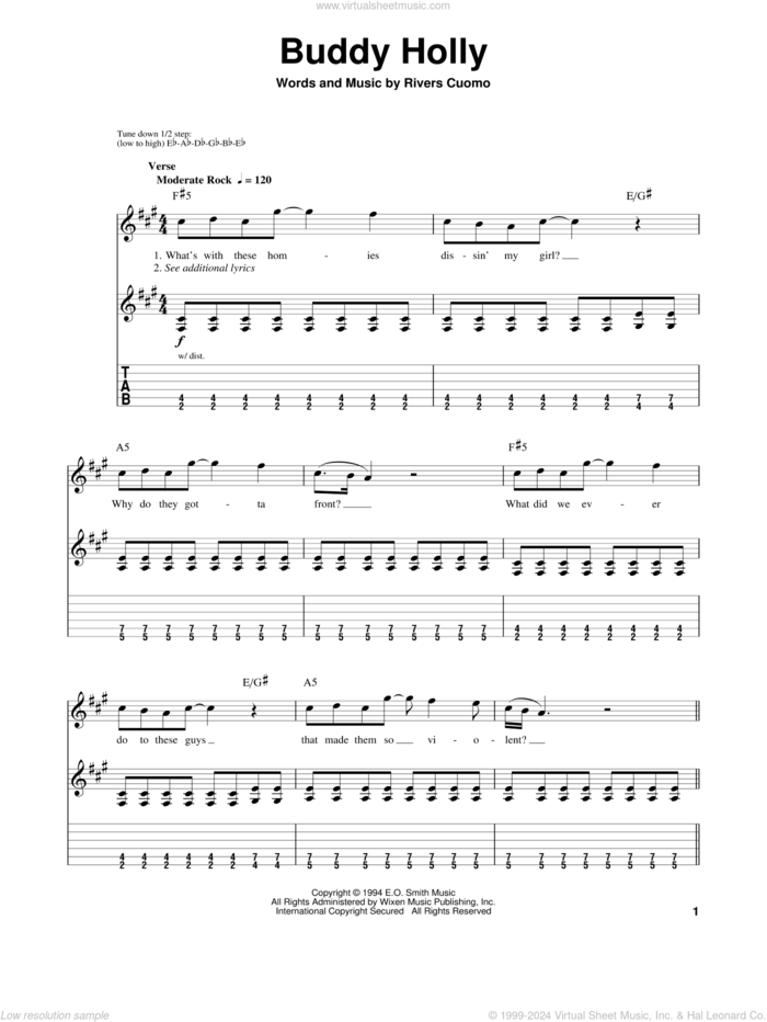 Buddy Holly sheet music for guitar (tablature, play-along) by Weezer and Rivers Cuomo, intermediate skill level