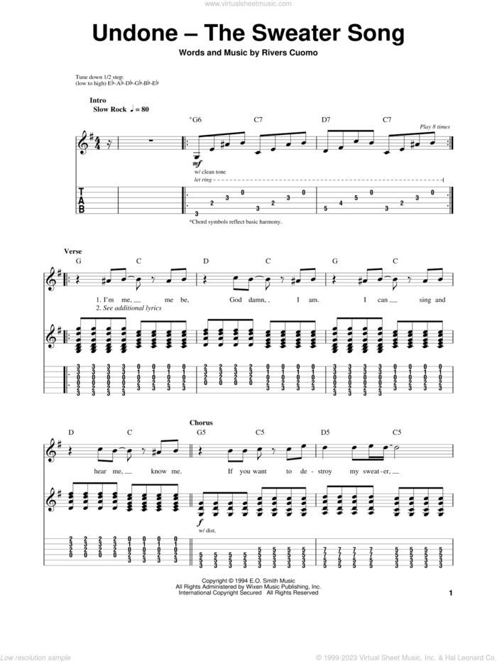 Undone - The Sweater Song sheet music for guitar (tablature, play-along) by Weezer and Rivers Cuomo, intermediate skill level