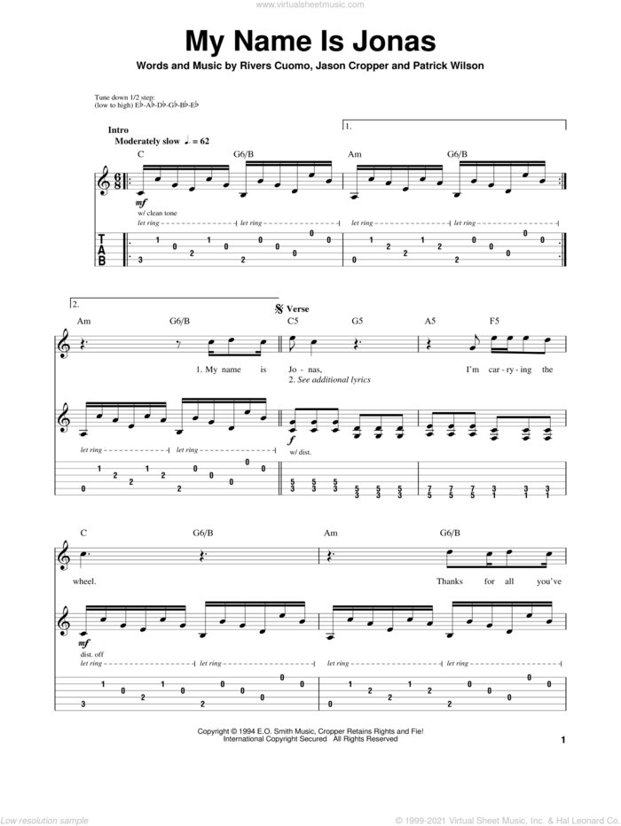 My Name Is Jonas sheet music for guitar (tablature, play-along) by Weezer, Jason Cropper, Patrick Wilson and Rivers Cuomo, intermediate skill level