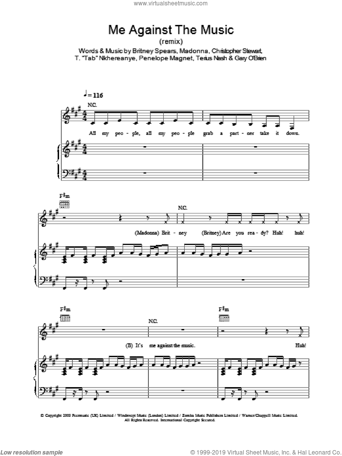 Me Against The Music (remix) sheet music for voice, piano or guitar by Britney Spears and Madonna, intermediate skill level
