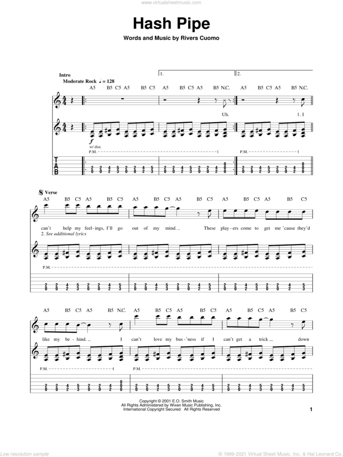 Hash Pipe sheet music for guitar (tablature, play-along) by Weezer and Rivers Cuomo, intermediate skill level
