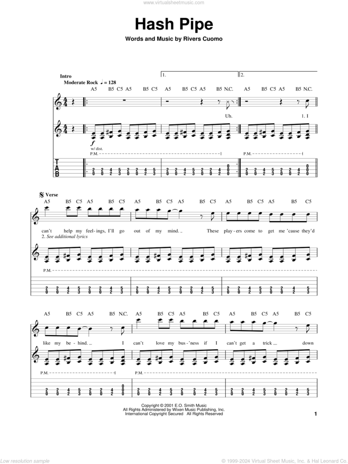 Hash Pipe sheet music for guitar (tablature, play-along) by Weezer and Rivers Cuomo, intermediate skill level