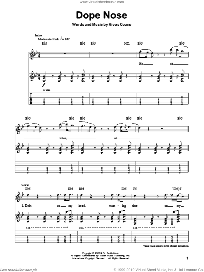 Dope Nose sheet music for guitar (tablature, play-along) by Weezer and Rivers Cuomo, intermediate skill level
