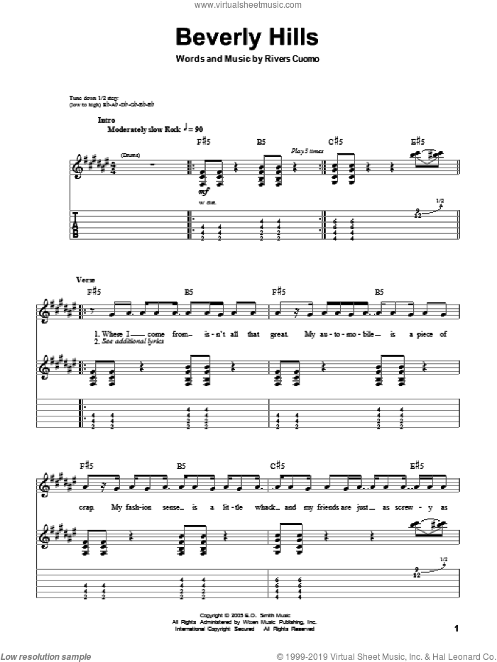 Beverly Hills sheet music for guitar (tablature, play-along) by Weezer and Rivers Cuomo, intermediate skill level