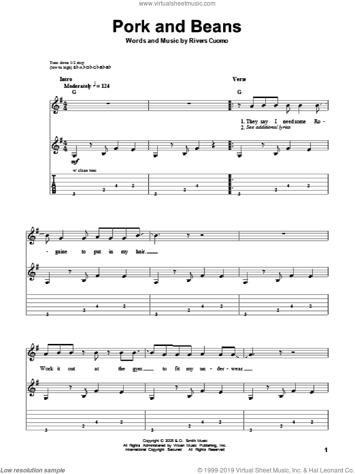Pork And Beans sheet music for guitar (tablature, play-along) by Weezer and Rivers Cuomo, intermediate skill level