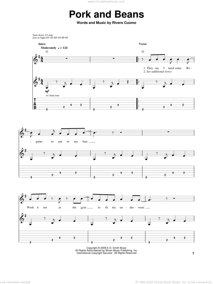 Pork And Beans sheet music for guitar (tablature, play-along) by Weezer and Rivers Cuomo, intermediate skill level