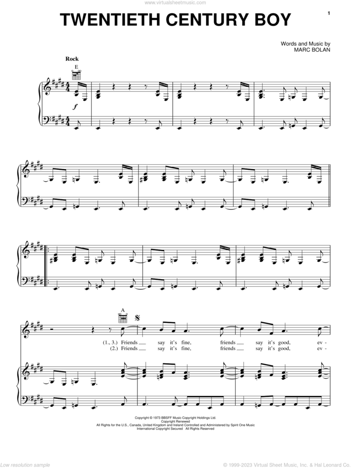 Twentieth Century Boy sheet music for voice, piano or guitar by T Rex and Marc Bolan, intermediate skill level