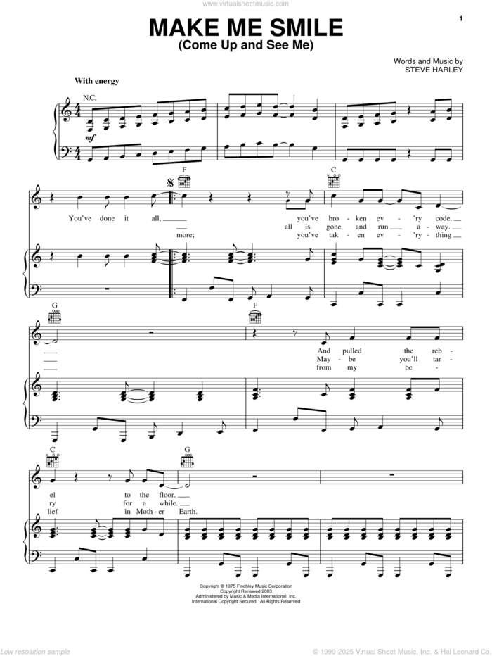 Make Me Smile (Come Up And See Me) sheet music for voice, piano or guitar by Steve Harley & Cockney Rebel, Cockney Rebel and Steve Harley, intermediate skill level