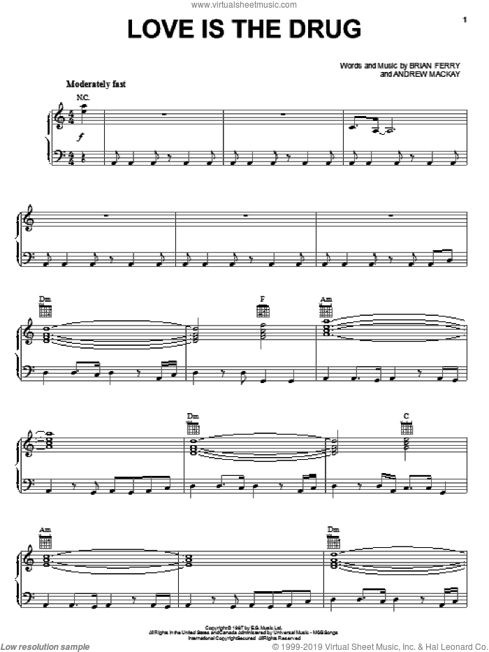 Love Is The Drug sheet music for voice, piano or guitar by Roxy Music, Andy Mackay and Bryan Ferry, intermediate skill level