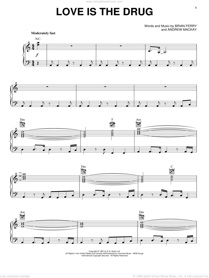 Love Is The Drug sheet music for voice, piano or guitar by Roxy Music, Andy Mackay and Bryan Ferry, intermediate skill level