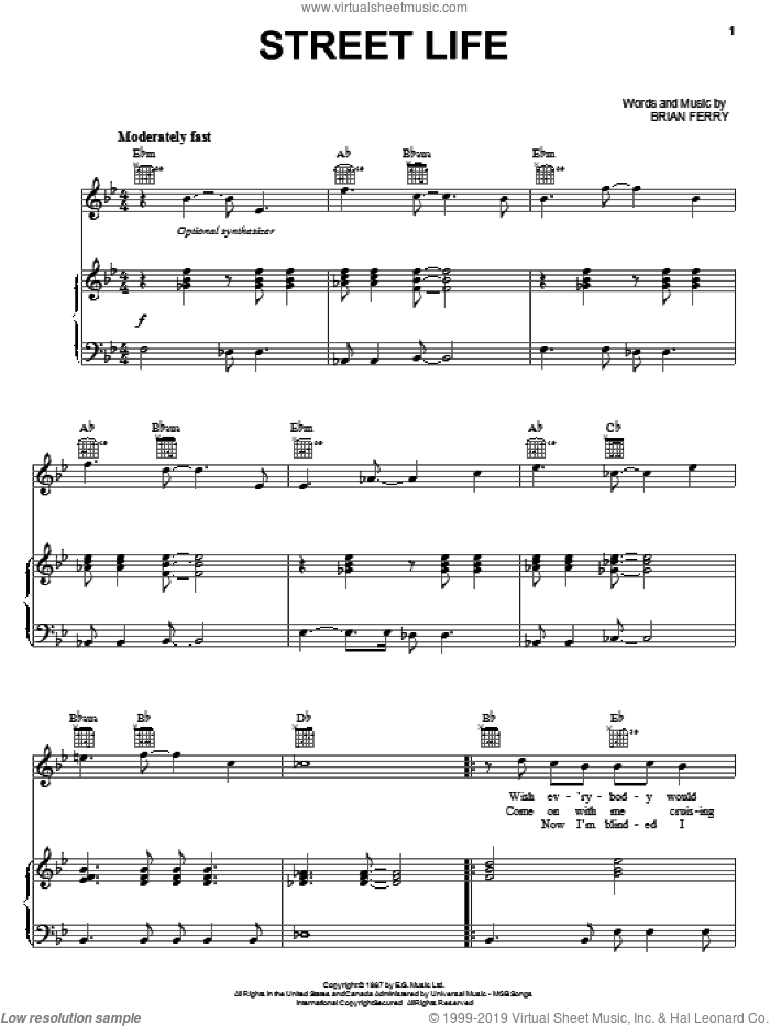 Street Life sheet music for voice, piano or guitar by Roxy Music and Bryan Ferry, intermediate skill level