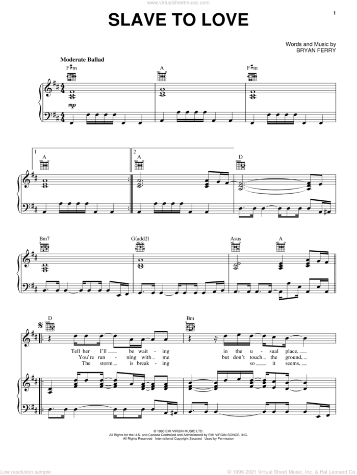 Slave To Love sheet music for voice, piano or guitar by Bryan Ferry, intermediate skill level